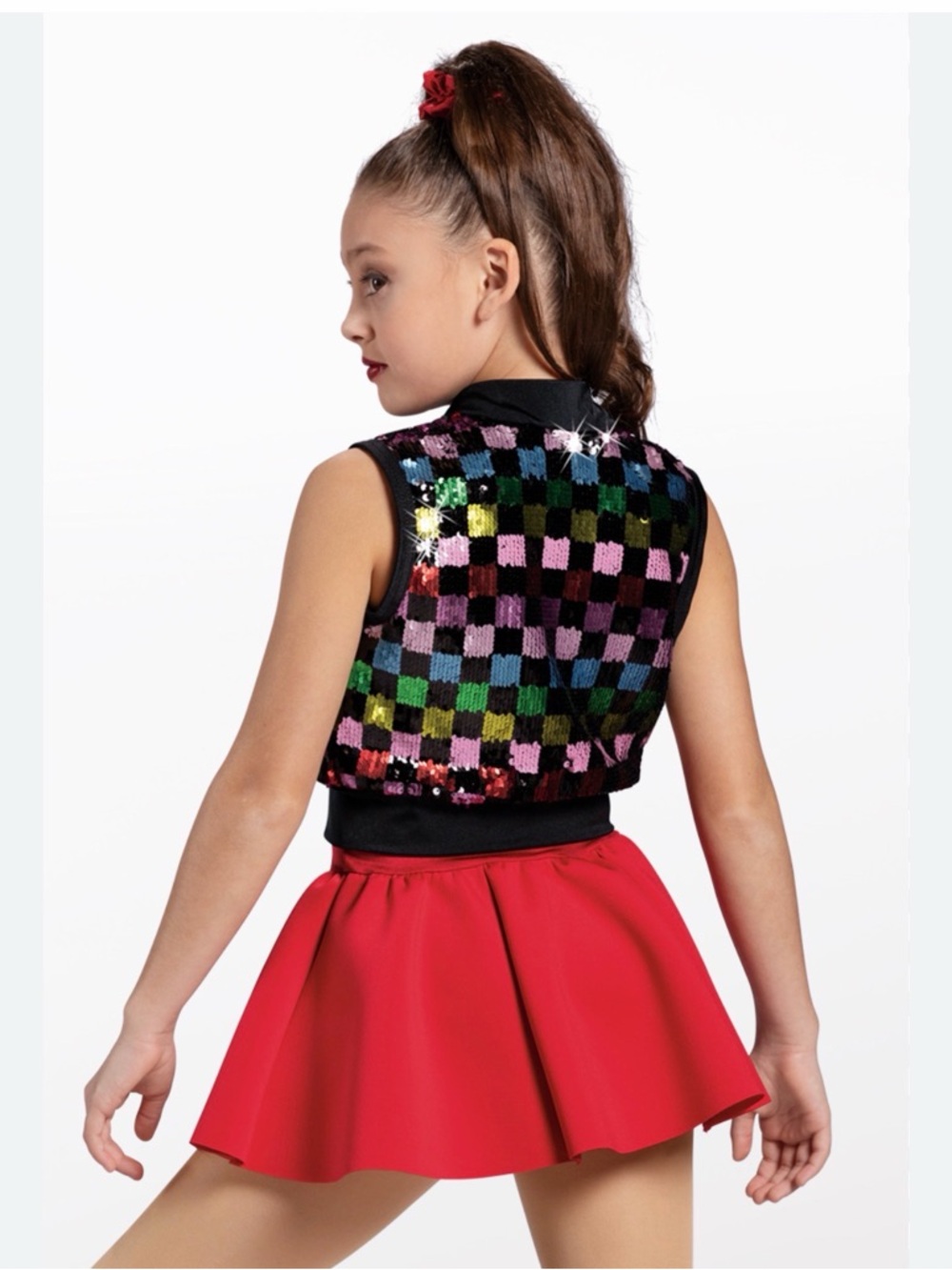Weissman Showtime Confetti collection checkered sequin dance vest, red dress